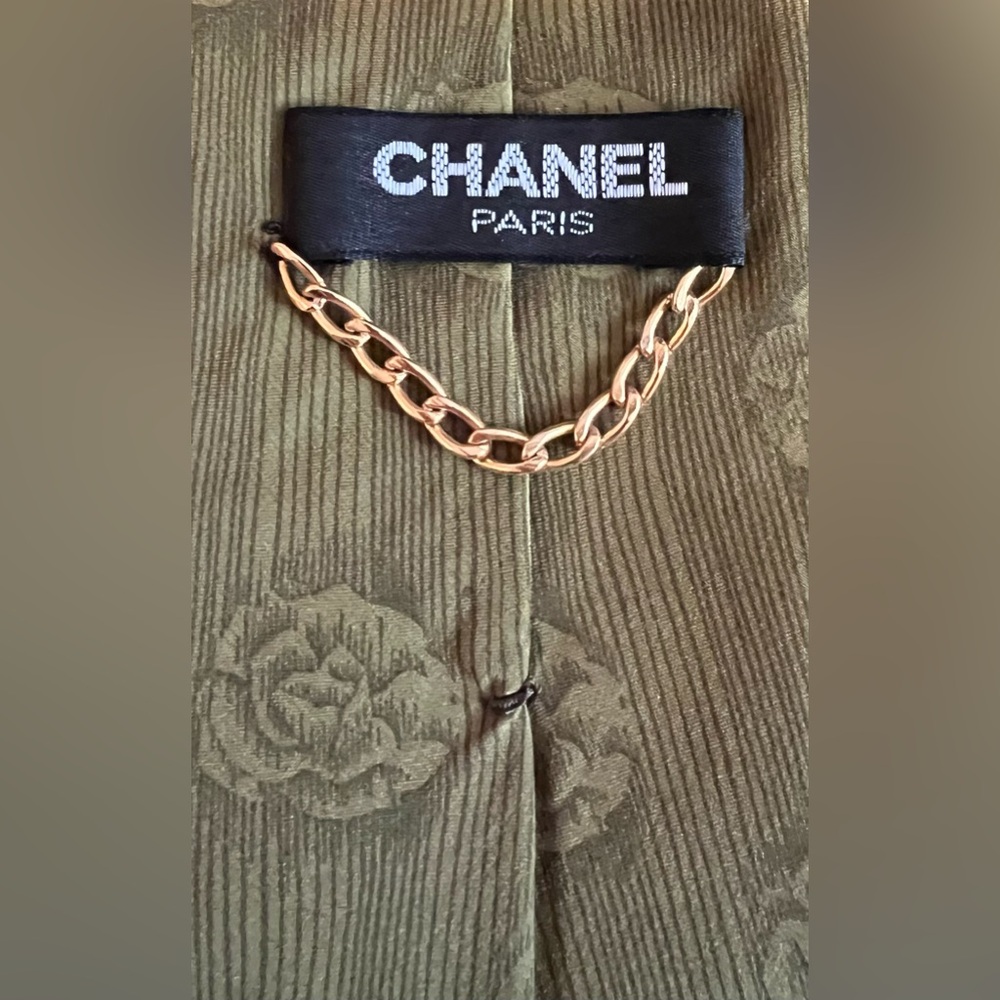 Chanel Neck Tie Olive Green Silk - Authentic